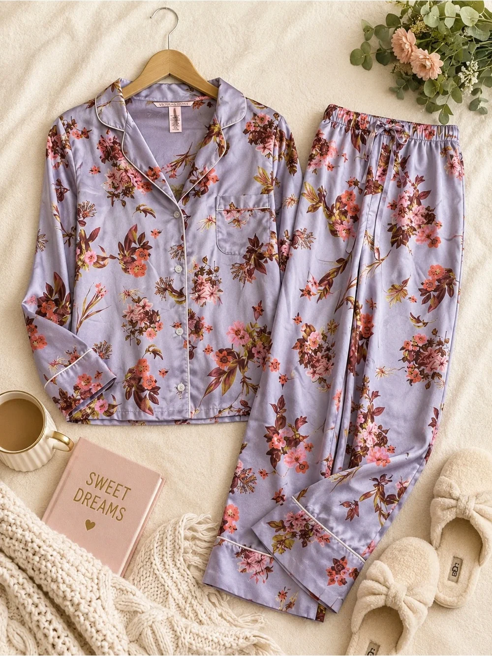 Victoria's Secret Lavender Floral Satin Pajama Set with Pink & Brown Blooms